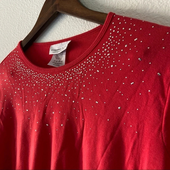 100% Cotton Embellished Top Crewneck Red 3/4 Sleeve Shirt Size XL Holiday Fall - Picture 3 of 8